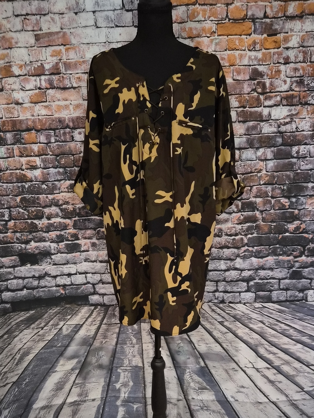 Camouflage Lace-Up Tunic Top - Olive Green